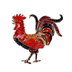 Rooster Brooch Pin Gold-Toned Red Black & Yellow Rhinestones Enameled Feathers